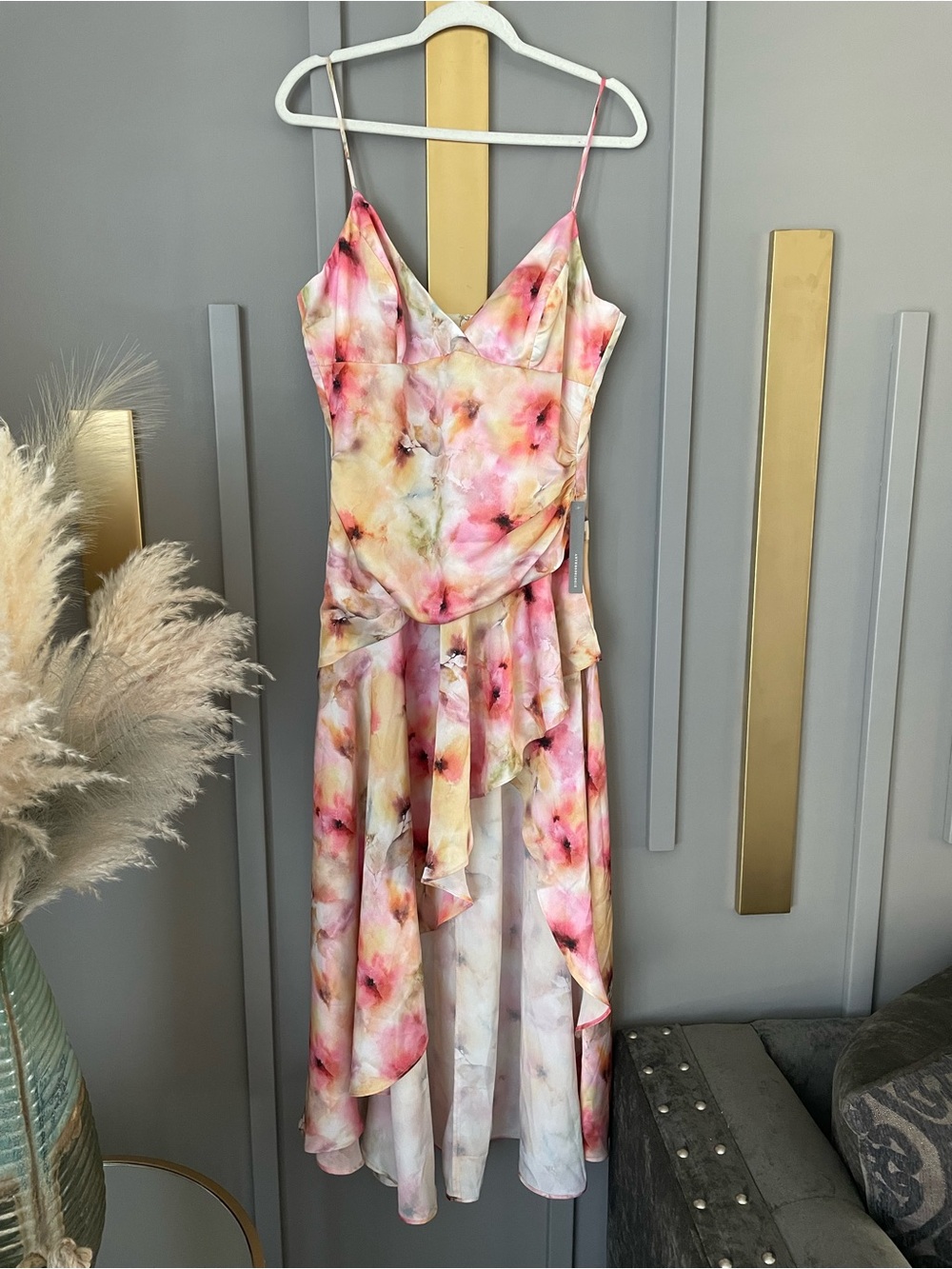 Bardot Pink and Cream Floral High-Low Slip Dress